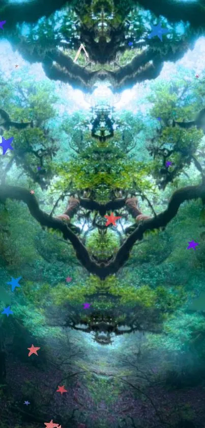 Enchanted forest wallpaper with vibrant stars and mystical trees.