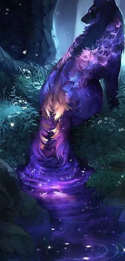 Mystical forest with purple hue and flowing water under moonlight.