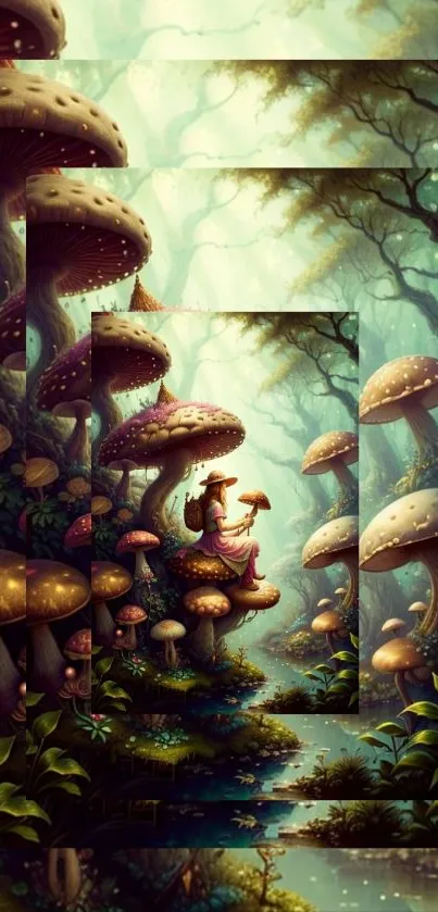 Girl sitting among giant mushrooms in a fantasy forest.