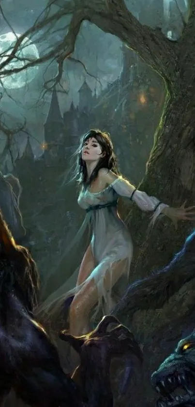 Fantasy art of a woman in an enchanted forest with mystical creatures.