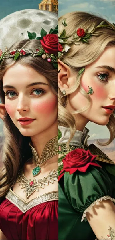 Fantasy wallpaper with elves and enchanted scenery on a mobile screen.