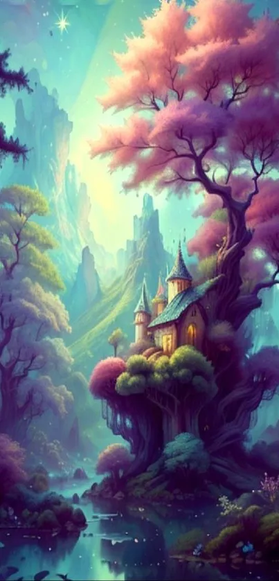 Fantasy forest with mystical treehouse and vibrant colors.