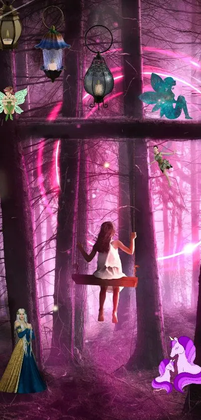 Enchanted forest with fairies and pink glow, perfect for fantasy art lovers.