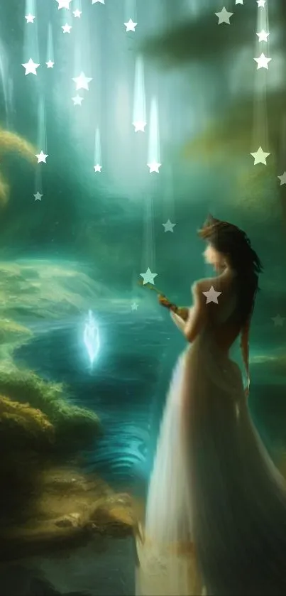 Enchanted forest with glowing stars and a mystical figure.