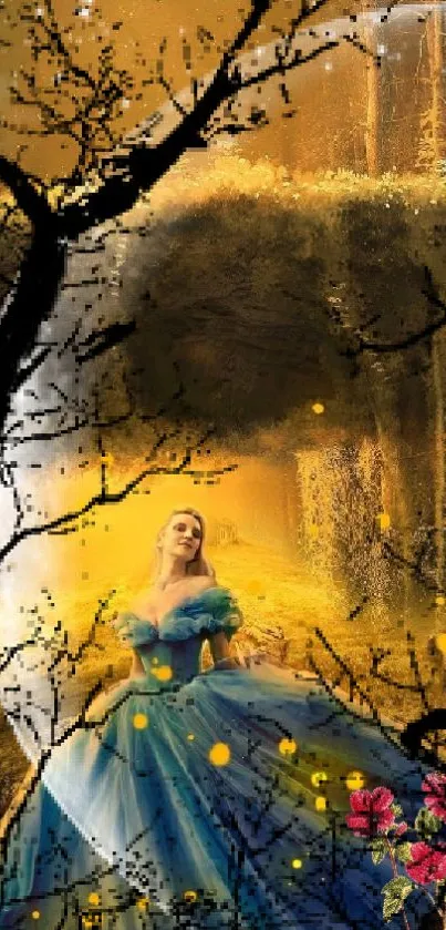 Enchanted forest fantasy art with lady in blue dress.