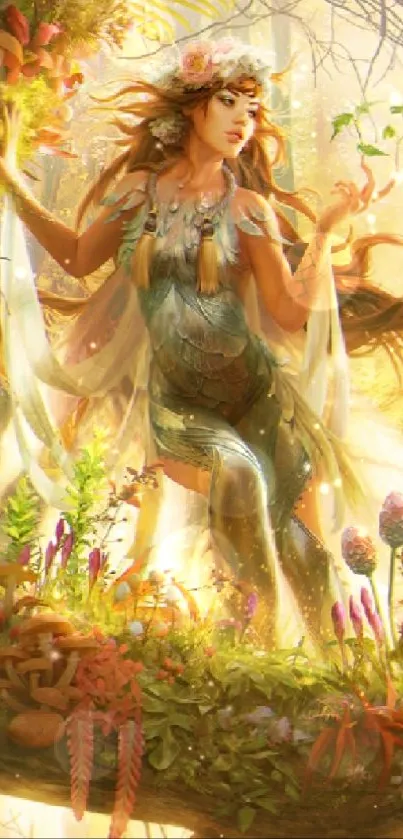 Fantasy artwork of a mystical forest scene with a mythical figure and vibrant flora.