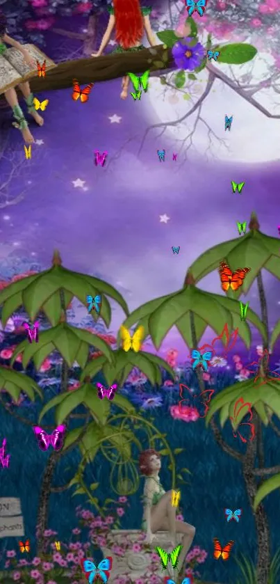 Enchanted forest with butterflies and a moonlit sky, perfect for fantasy lovers.