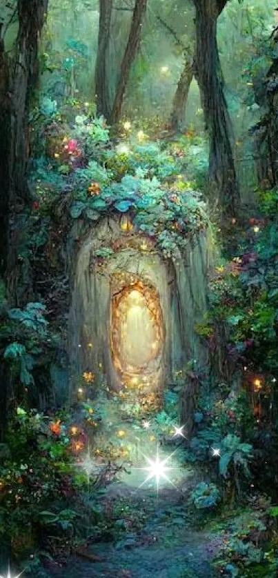 Mystical enchanted forest with glowing portal.