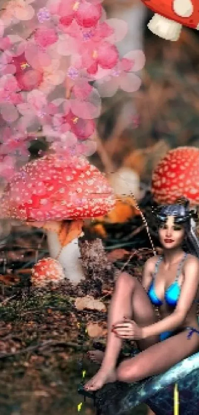 Fantasy forest wallpaper with mushrooms and a fairy.