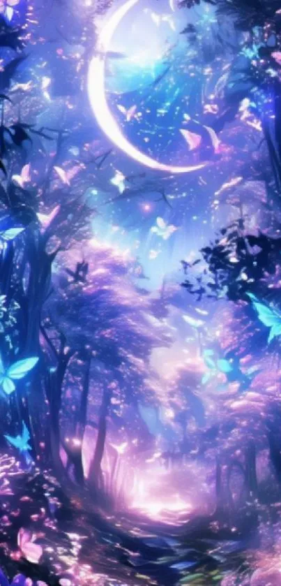 A mystical forest with butterflies and a glowing moonlight scene.