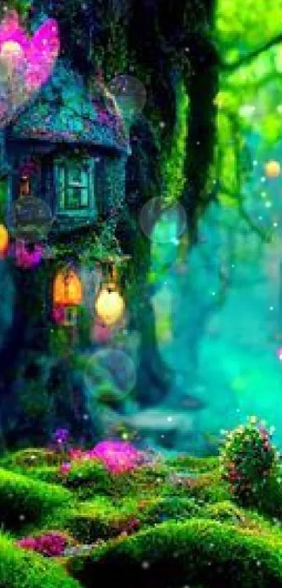 Fantasy forest scene with glowing lights and fairy tale elements.