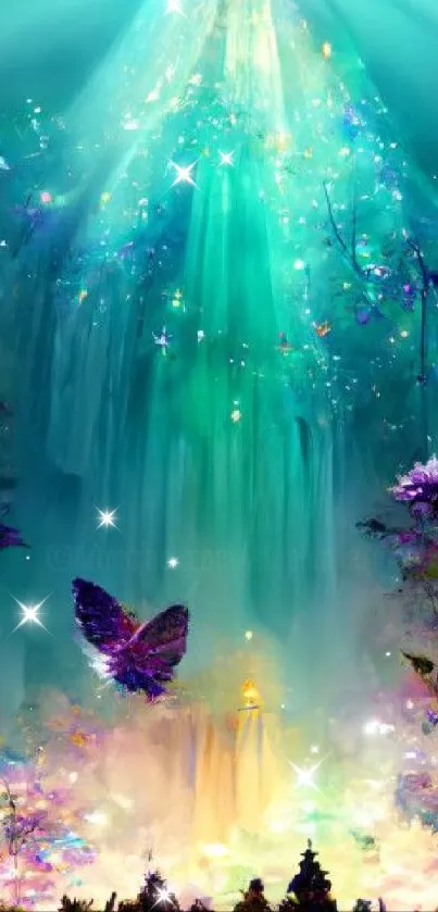 Enchanted forest wallpaper with butterflies and mystical teal lighting.