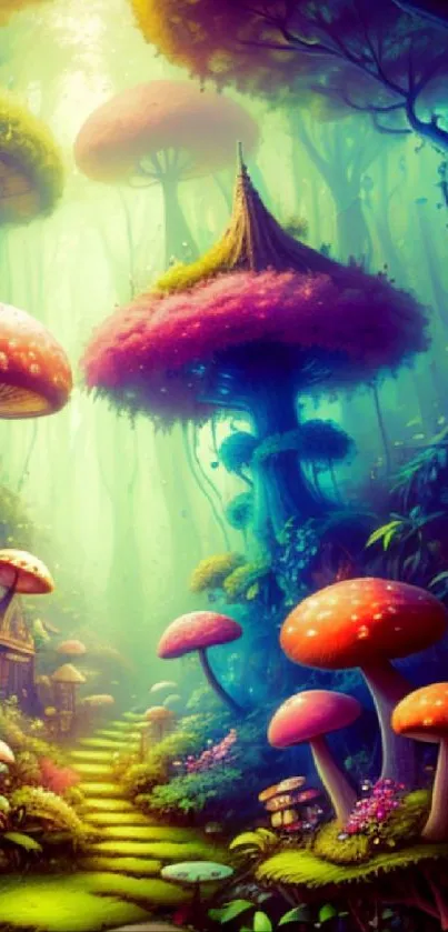 Enchanted forest with tall, vibrant mushrooms in a mystical setting.