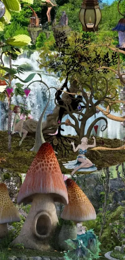 Enchanted forest wallpaper with mushrooms and fairies.