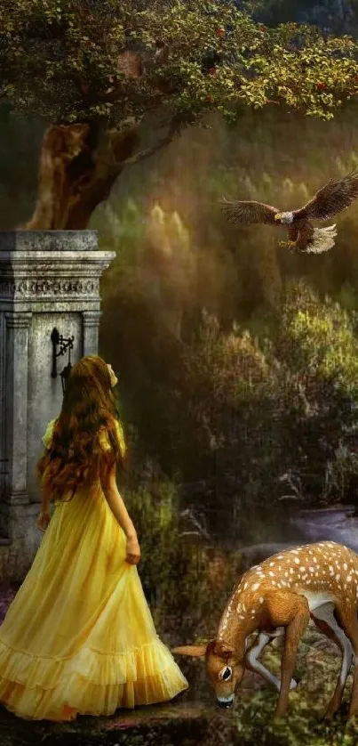 Fantasy landscape with woman, fawn, and eagle in a forest.