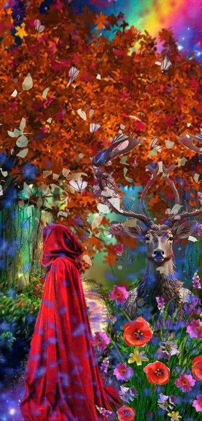 Red-hooded figure with deer in enchanted forest with butterflies.