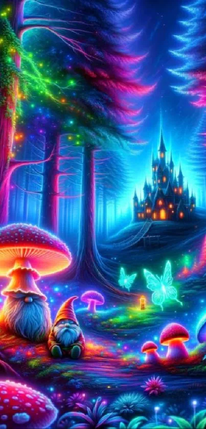 Neon enchanted forest with castle and glowing mushrooms.