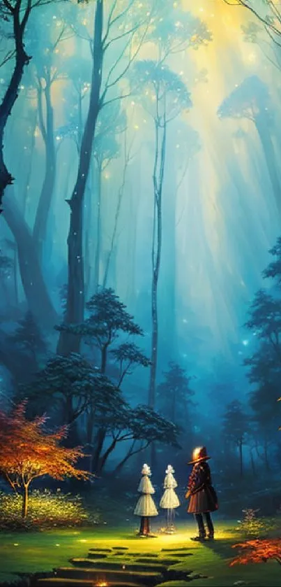 Enchanted forest scene with ethereal light and mysterious figures in a dreamy setting.