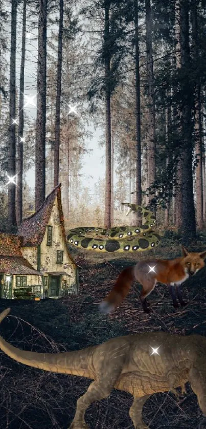 Whimsical wallpaper of forest with house, dinosaur, fox, and spaceship.