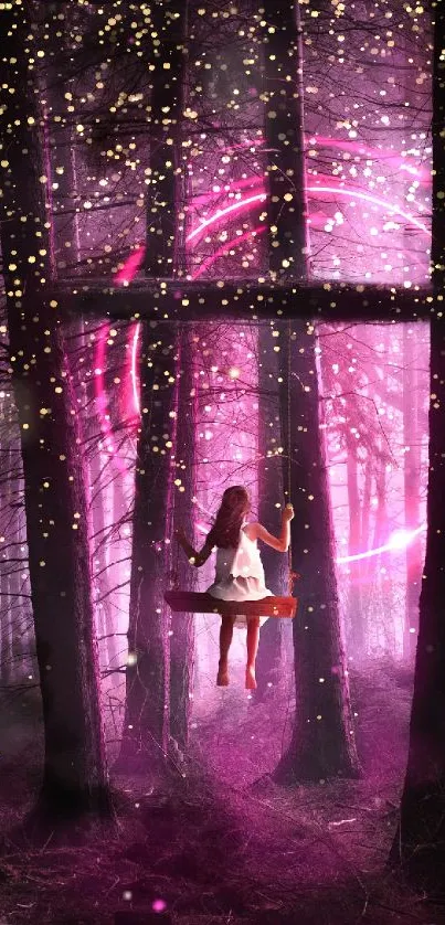 Girl swinging in an enchanted forest with a pink portal glow.