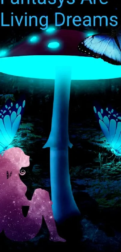 Fantasy wallpaper with glowing mushroom and fairies in a mystical forest.