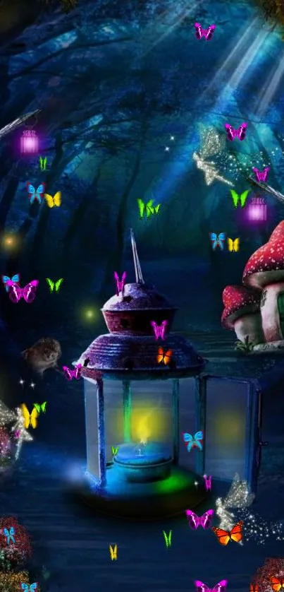 Fantasy forest wallpaper with glowing lanterns.