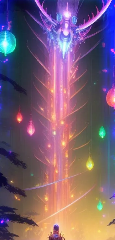 Fantasy forest wallpaper with glowing orbs and vibrant colors against a purple backdrop.