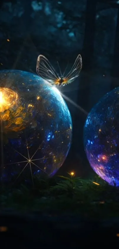 Enchanted forest with glowing spheres and a mystical butterfly.