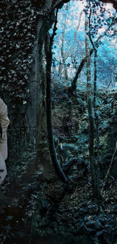 Mystical forest scene with children, blue and dark tones.