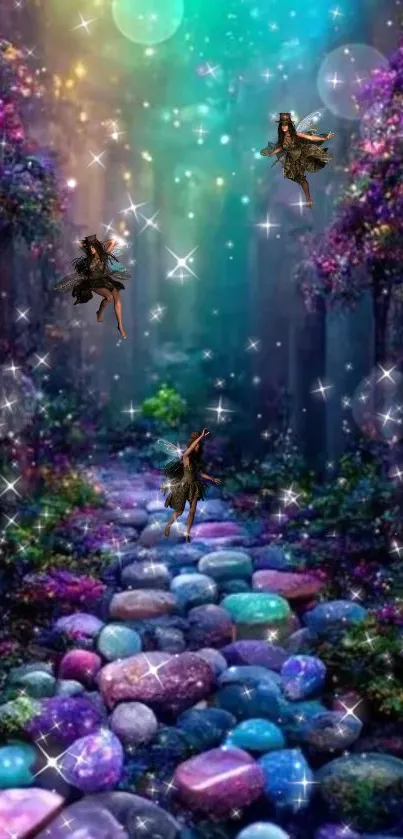 Mobile wallpaper with fairies in an enchanted, colorful forest path.