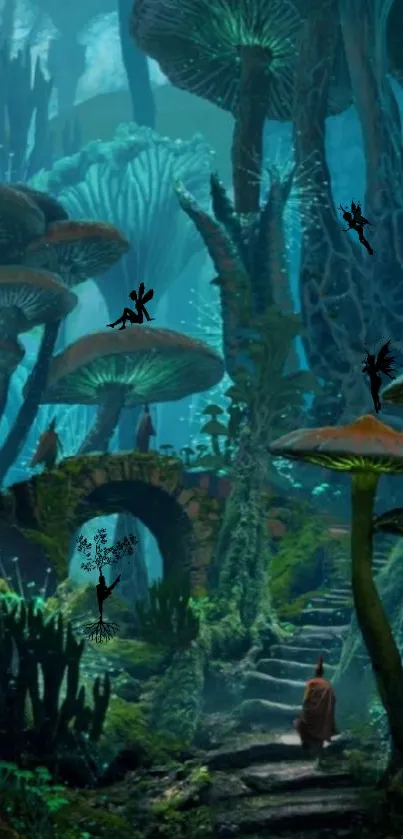 Majestic fantasy forest with towering mushrooms and mystical creatures.