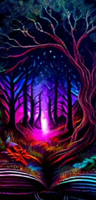 Enchanted forest wallpaper with vibrant colors and starry sky.