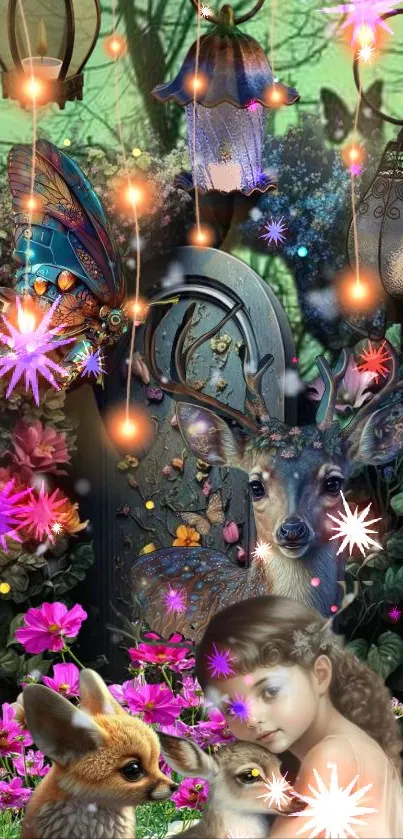 Enchanted forest wallpaper with deer, lanterns, and vibrant flowers.