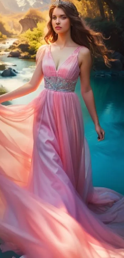 Woman in pink gown by a teal river in a forest.