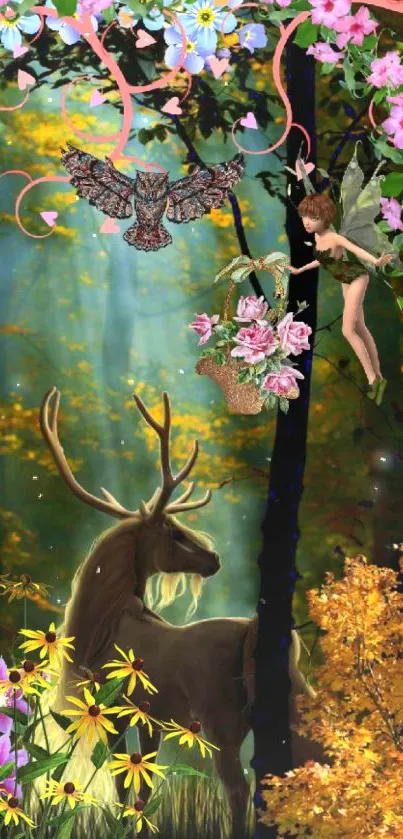 Enchanted forest wallpaper with fawn, fairy, owl, and flowers in a magical setting.