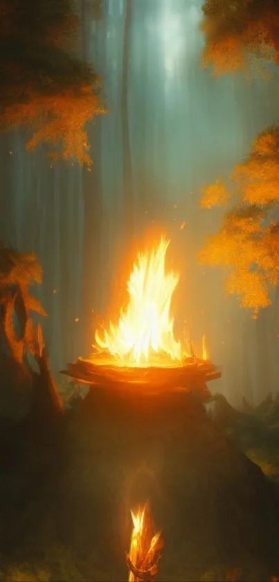 Enchanted forest with glowing bonfire.