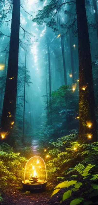 Enchanted forest with fireflies glowing softly amid tall trees.