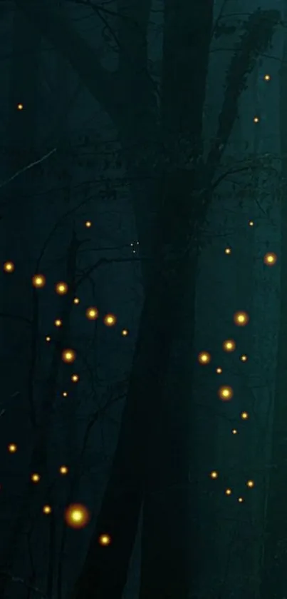 A dark forest illuminated by glowing fireflies, creating an enchanting atmosphere.