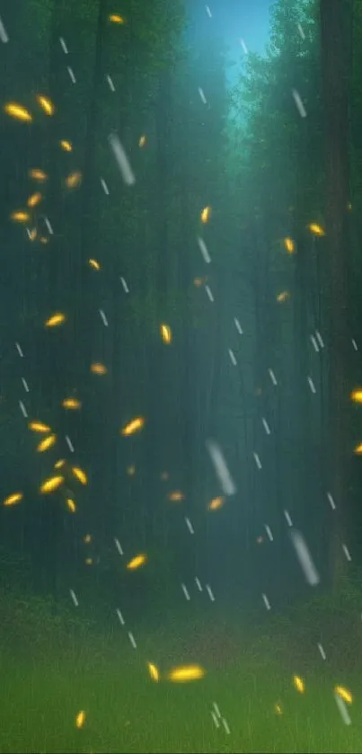 Mysterious forest with glowing fireflies at night, creating a serene atmosphere.