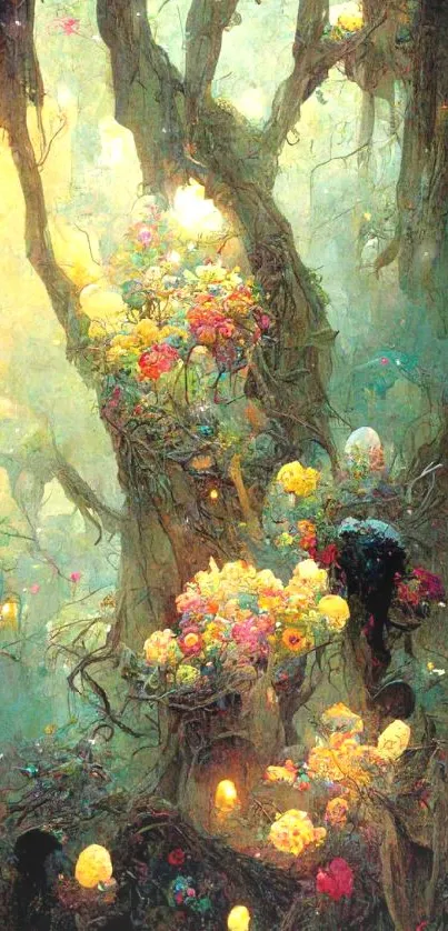 Enchanted forest with colorful flowers climbing a tree.