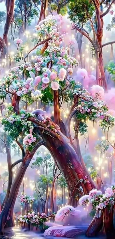 Enchanted forest with pink and floral elements, creating a magical scene.