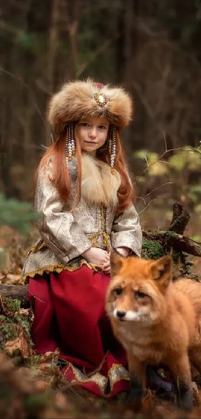 Girl and fox in enchanted forest setting.