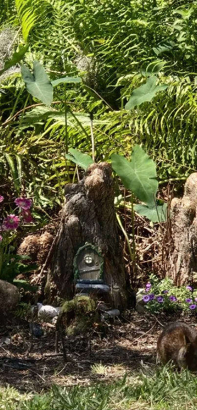 Enchanted garden scene with flowers and greenery