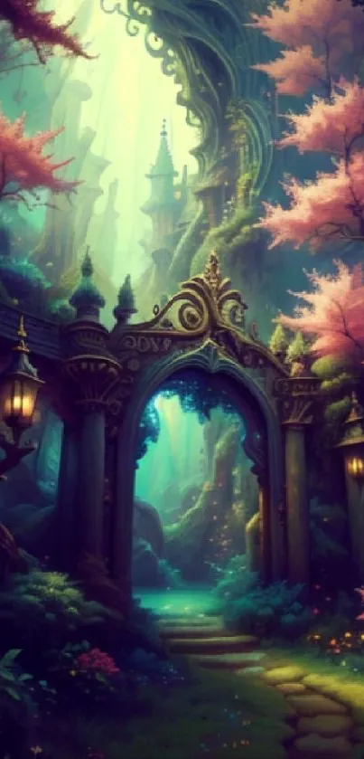 Mystical forest gateway with lush trees and a glowing path in fantasy art style.