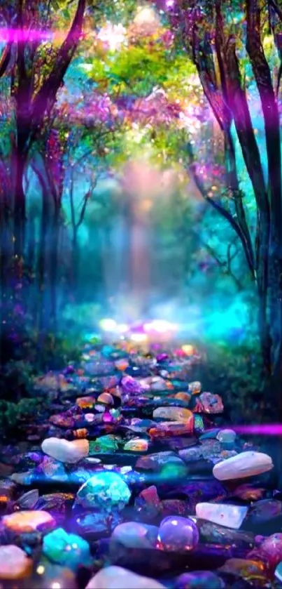 Fantasy forest with a gem path and vibrant colors.