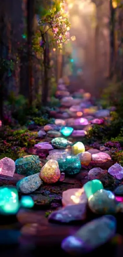 Enchanted forest path with glowing gemstones.