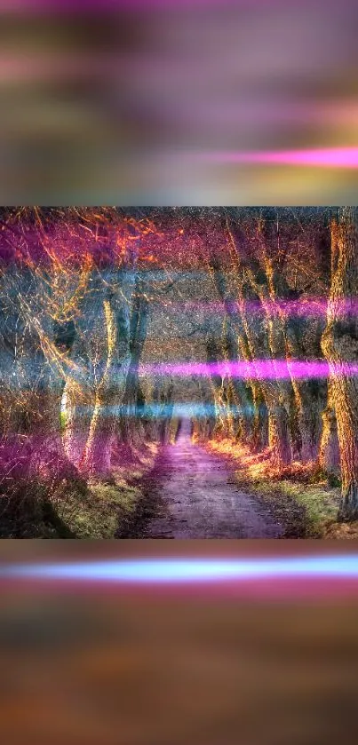 Enchanted forest path with vibrant glitch effects.