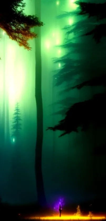 Mystical teal forest with glowing lights and an enchanted atmosphere.