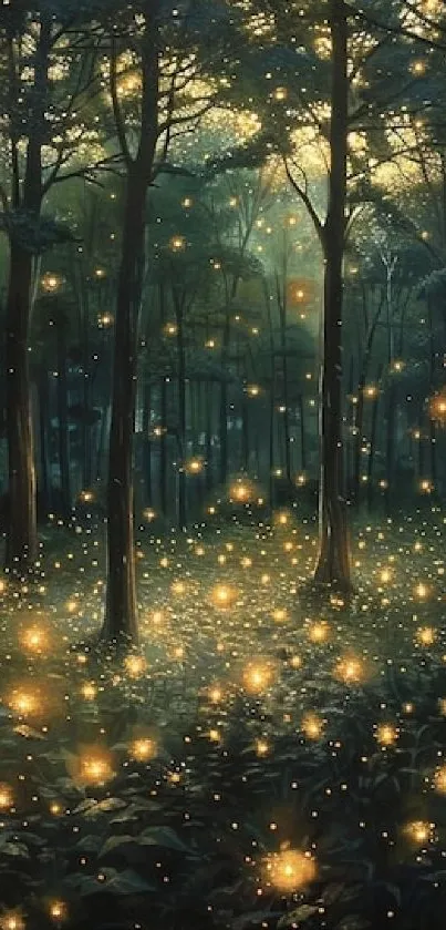 Dark forest scene illuminated by glowing fireflies at night.