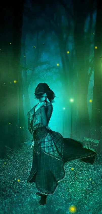 Mystical forest with glowing figure and fireflies illuminating the night.